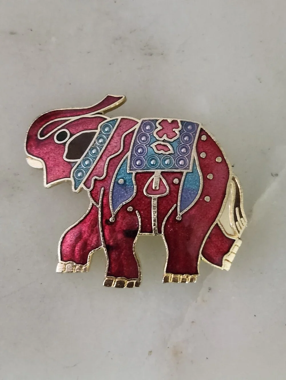 Red Enamel Elephant Brooch with Blue Accents